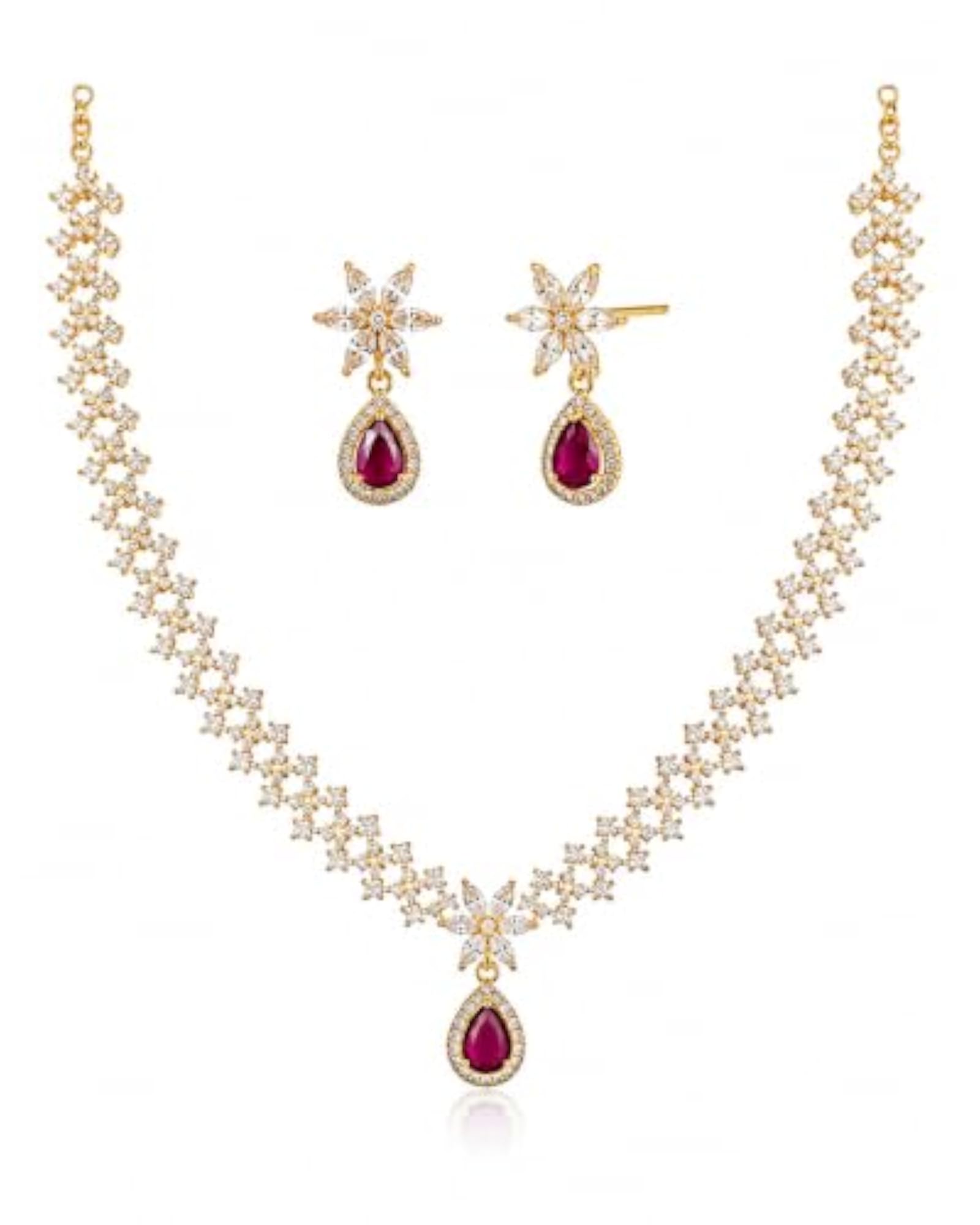 Ruby Red Crystal American Diamond Necklace Set for Women & Girls