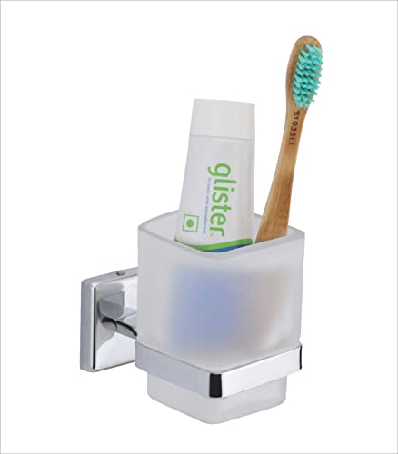Image of Premium Wall Mounted Toothbrush Holder with Frosted Glass Tumbler | SUS 304 Stainless Steel Rustproof Toothpaste & Brush Stand for Bathroom | Chrome Finish (SQ 2707O)