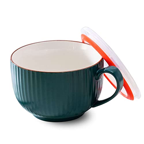 Qeeadeea Keramik Suppentassen Mit Deckel, Große Suppentasse Mit Henkel, Kleine Ramen-Schalen Mikrowellenfest, Frühstücksschüssel-Grün-18x14x9.5cm, 800ml Cover