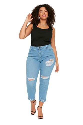 Jeans denim bleu taille haute coupe droite femme grande taille 56