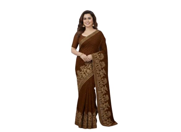 Image of M /S Sarvdhya Enterprises Women's Premium Heavy Work Georgette Saree with Unstitched Blouse Piece (Chocolate Brown)