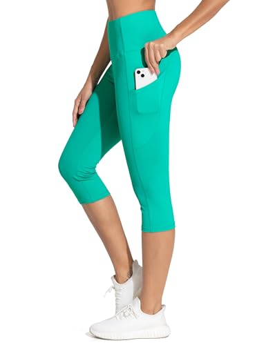 Image of THE GYM PEOPLE Thick High Waist Capris Yoga Pants with Pockets, Tummy Control Workout Running Yoga Leggings for Women