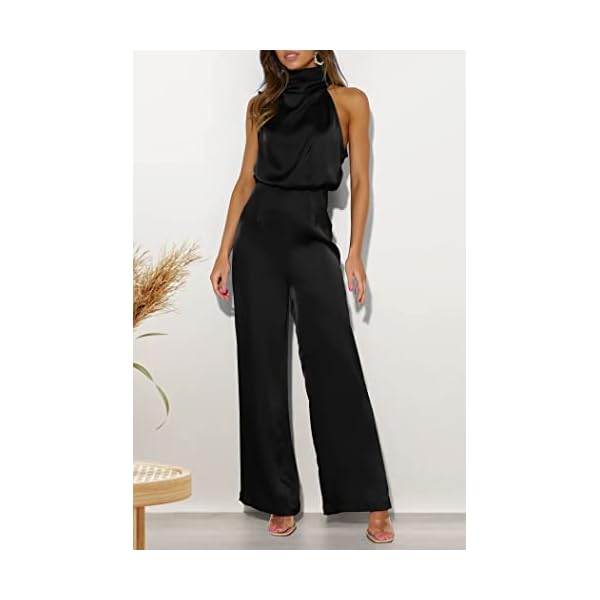 PRETTYGARDEN Women's Satin Jumpsuits 2023 Summer One Piece Outfits Mock Neck Sleeveless Wide Leg Pants Rompers (Black,Large)