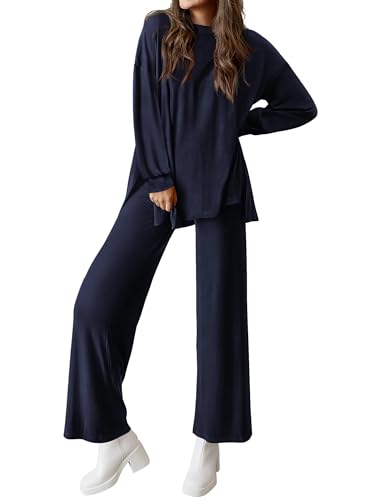 PRETTYGARDEN Womens 2 Piece Outfits Crewneck Long Sleeve Pullover Tops Wide Leg Long Pants Casual Lounge Set Travel Tracksuit