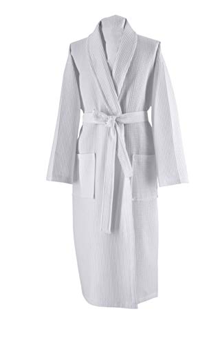 Waffle Weave Shawl Collar Unisex Robe Knee Length Spa Bathrobe 100% Turkish Cotton