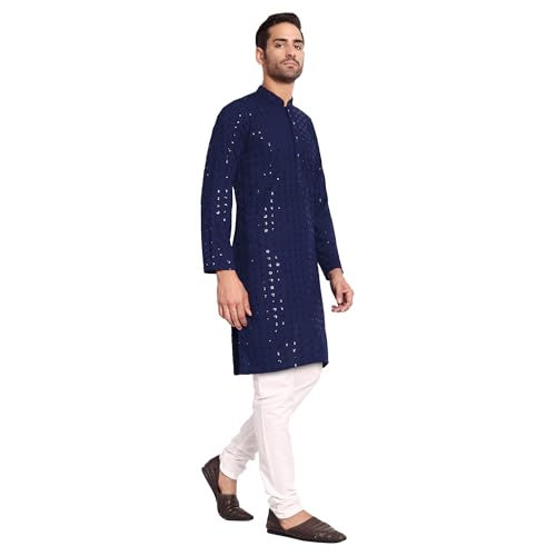 Image of Rayon Ethnic Wear Full Chikankari Sequin Embroidery Mirror Work Traditional Straight Kurta Pyjama Set for Men