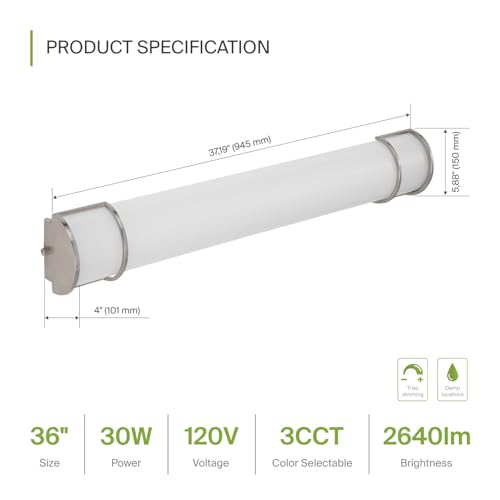 Image of ASD LED 36 inch Vanity Flush Mount Light Fixture, Linear Bathroom Lighting Bar | 3CCT, Dimmable, Energy Star, ETL Listed | 30W 2650LM 3000-5000K 120V | Long Tube Bath Wall Sconce Over Mirror | Nickel