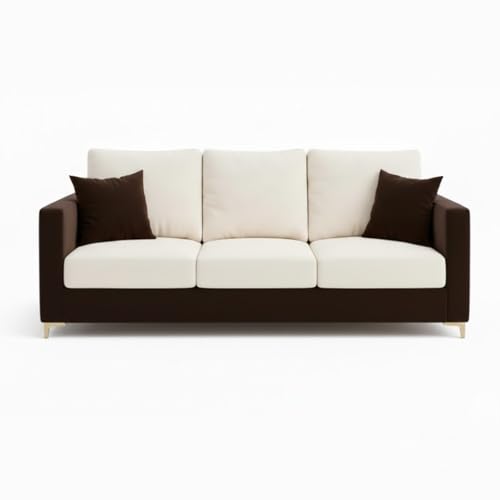 Image of Hayes Dual Tone Rich Velvet Suede 3 Seater Sofa | Golden Aesthetic Legs | Spacious Soft Touch Comfort Seating | Modern Sofa for Living Room (Dark Brown & Cream)