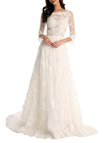 PSFVHHQI 3/4 Calcomanías de Boda de Manga de Ensueño Vestidos de Baile Elegantes Vestidos de Novia de Cuello Redondo, Marfil, 32