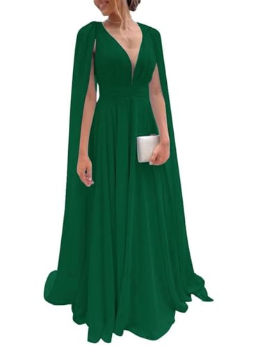 Chiffon Bridesmaid Dresses for Women Long Pleated Cape Sleeves V Neck Formal Evening Dress A Line Ball Gown CN01
