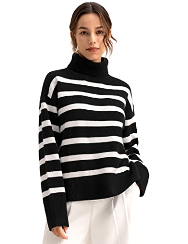 LilySilk Oversized Sweater for Women 100% Merino Wool with Stripes & Turtleneck Pullover Sweatshirt for Fall Winter
