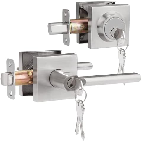 HOSOM Entrance Door Lock Set with Single Cylinder Deadbolts, Satin Nickel Heavy Duty Modern Sleek Square Door Handle with Lock & Keys on Both Sides, Keyed Alike Cover