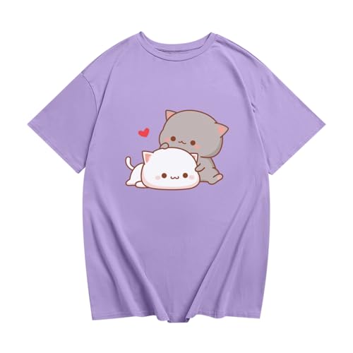 Image of KEEVICI Cute Cat Shirts for Girls Graphic Tees Kids Kawaii Cartoon Animal Print T Shirt Summer Cotton Short Sleeve Tops