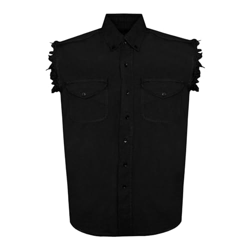 Dream Apparel Mens Cut Off Button-Down Cotton Denim Shirt Lightweight Stonewashed Frayed Sleeveless Shirt w/ 2 Chest Pockets