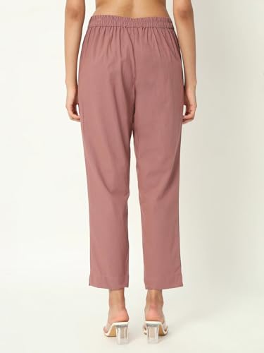 Image of Women's Solid Straight Fit 100% Cotton Trousers | High Waist, Side Pockets, Ankle Length Pants for Office, Casual
