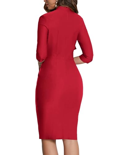 Image of MUXXN Women's Midi Pencil 1950s Vintage Cocktail 3 /4 Sleeve Tie Neck Bodycon Mid-Calf Dress with Pockets