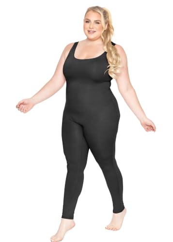 Image of STRETCH IS COMFORT Womens Plus Size Tank Unitard Athletic Rompers For Women | 95% cotton 5% spandex, round neckline, sleeveless straps, U-back, seamless front, one piece outfits for women, workout romper