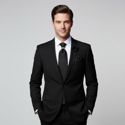 Image of 5PCS Mens Silk Designer Tie, Pocket Square, Cufflinks, Drilled Tie Ring and Lapel Pin Set for Wedding Groom Party
