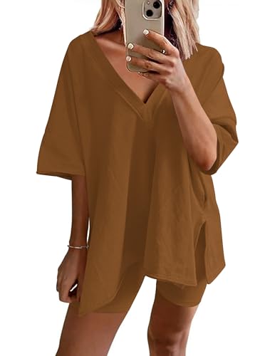 Image of Ekouaer Womens Pajamas 2 Piece Lounge Sets Oversized V Neck T-Shirts Tops Biker Shorts Set Workout Reversible Tracksuit S-XXL
