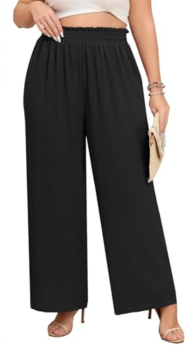 Lastshe Women's Plus Size Wide Leg Pants Elastic Waist Hide Drawstring Loose Work Pants Palazzo Trousers with Pockets2
