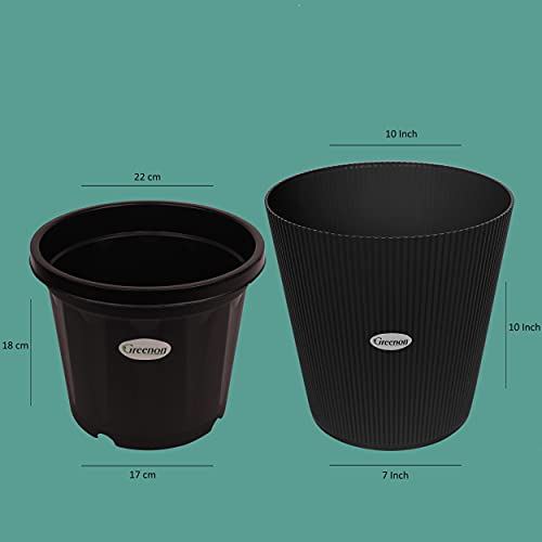 GREENON® 10 Inch Plant Pot Set of 2 (4 Pots) Self Water | Black Outer and Black Inner Plant Container | UnFadable Planter | Virgin Plastic Gamla | Best for Indoor and Balcony