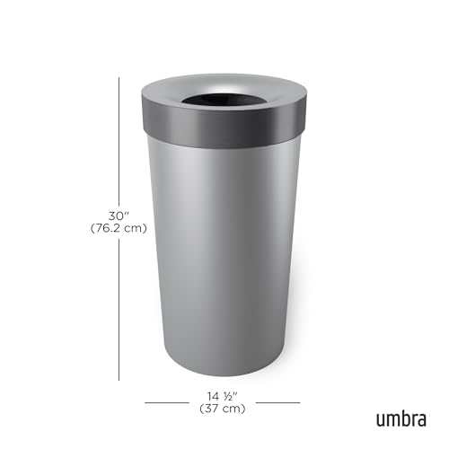 Image of Umbra Vento Kitchen Trash Can, Open Top Bin, 16.5 Gallon, Grey /Nickel | Brushed metal accents, bag concealing design, easy wipe clean, fits home and office, durable plastic