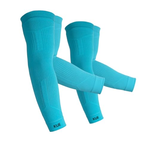 Image of KUE Compression Arm Sleeves for Men Women | Improves Blood Circulation Joint Pain Relief | UV Sun Protection Cooling Sports for Running, Cricket, Gym, Cycling, Biking (Blue, S /M, 2 Pair)