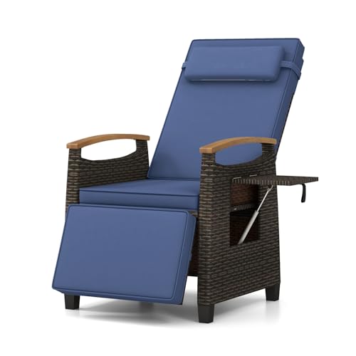 Tangkula Patio Wicker Recliner Chair, Rattan Lounge Chair w/Adjustable Backrest & Footrest, Flip Side Table, Push Back Reclining Seat w/Cushion for Backyard, Porch, Lawn (1, Navy)