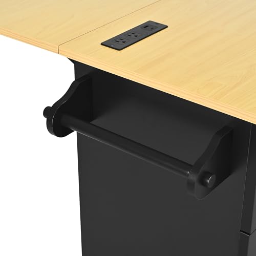 Bellemave Farmhouse Kitchen Island on Wheels with 11.8inch Drop Leaf, 2 Stools, Power Outlet,Kitchen Cart with Storage Cabinet, 2 Drawers, Door Shelves and Towel Rack(Black)