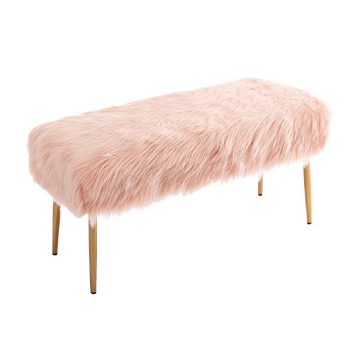 Faux Fur Vanity Bench Entryway Bench Furry Long Hair Pink Ottoman DM Furniture Fuzzy Bench with Metal Legs for Living Room, Bedroom, Dining Room, Home Decorative, Pink