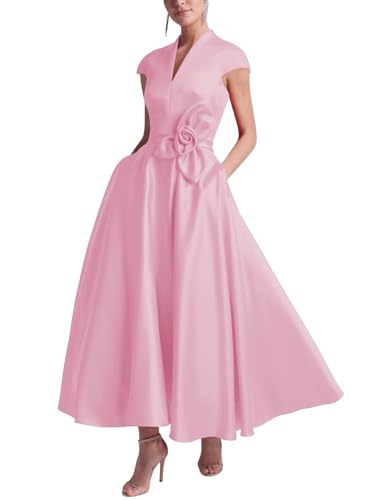 Maxianever Tea Length Satin Mother of The Bride Dresses for Women A Line V Neck Cap Sleeves Formal Evening Gown