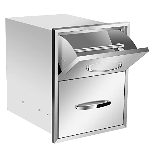 Image of 16''W x 20''H x 20''D Outdoor Kitchen Double Access Drawers with Paper Towel Holder Combo Stainless Steel, Flush Mount BBQ Island for Outdoor Kitchens or Patio Grill Station