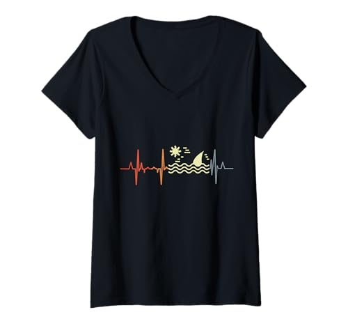 Mujer Shark Heart Rate Vintage Heartbeat Camiseta Cuello V