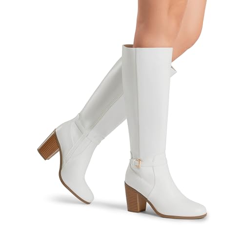 DREAM PAIRS Women's Knee-High Boots Comfortable Chunky Block Heel Side Zipper,Size 9.5,White-Pu,SDKB2403W