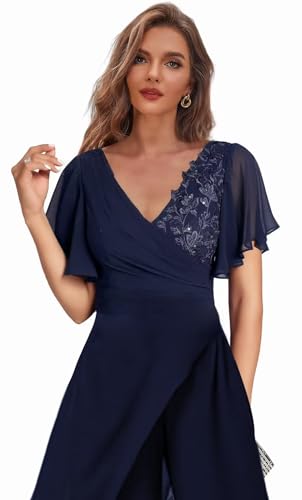 Mother of the Bride Pant Suits Chiffon Lace Applique Backless Formal Wedding Guest for Women Jumpsuit with Ribbon2