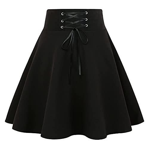 IDEALSANXUN Goth Skirt for Women Gothic Clothes Cute High Waisted A Line Mini Short Skater Black Pleated Skirts, Black, M
