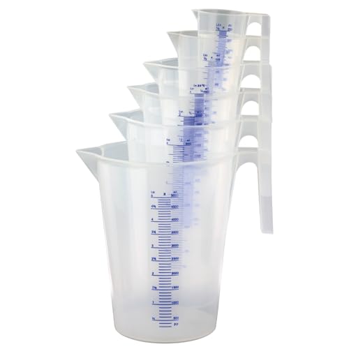 Messbecher-Set Profi Qualität 7-teilig 0,1/0,25/0,5/1/2/3/5 Liter, Bruchsicher, Hitzebeständig, Säurebeständig, Lebensmittelecht, für Haushalt, Labor, Werkstatt