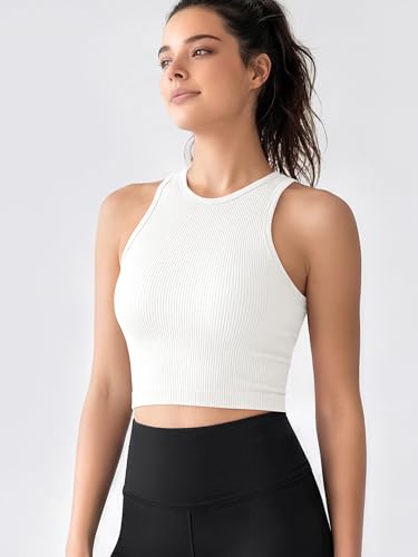 Image of ODODOS 3-Pack Seamless Crop Tank for Women Ribbed Soft High Neck Cropped Tops