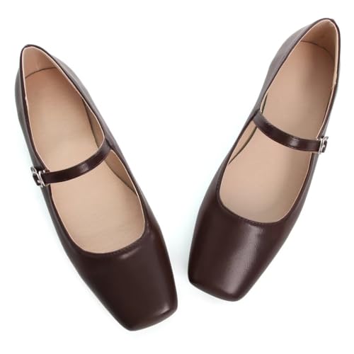 Image of TN TANGNEST Leather Flats for Women Retro Mary Jane Flats | Comfortable Square Toe Slip On Flats with Buckle Strap, Soft Work Flats Office Shoes