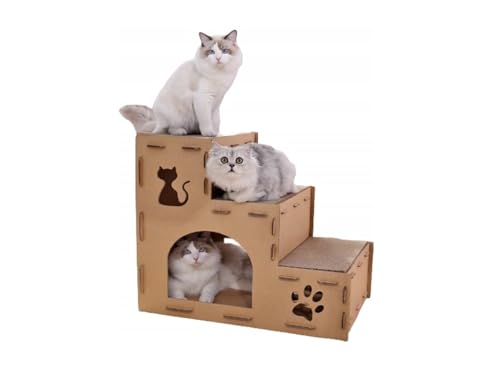 ZAXER - Papp-Katzenhaus - Zweistöckige Katzenhöhle aus Pappe - Stecksystem - Leichtes Design - Kombination aus Kratzbaum, Bett und Spielbereich in...