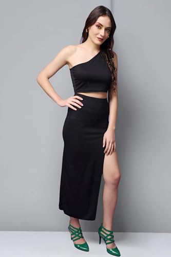 Image of POPWINGS Casual Solid Top and Skirt Co-Ord Set for Women | Stylish Western Co-Ord Set for Women | Crop Top and Long Slit Skirt Set for Women