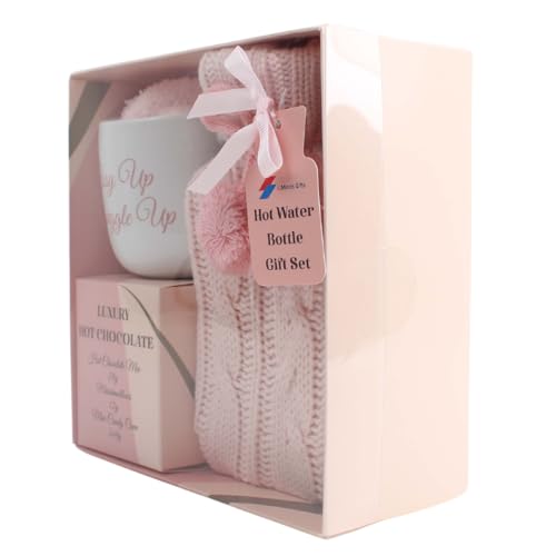 Hot chocolate mug gift set with hot water bottle mini marshmallows and christmas candy cane - cosy hot water bottle and hot chocolate gift set - gift set for women teen adults (Pink)