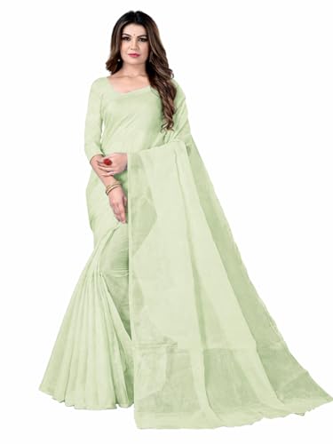 Image of Sidhidata Women's Cotton Blend Saree With Unstitched Blouse Piece (Free Size) (Pista Green)