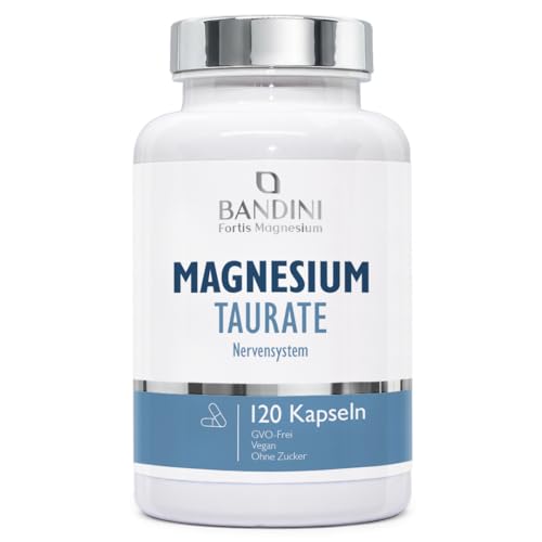 Bandini Magnesium Taurat 2000 mg pro Tag | 120 vegane Kapseln | Magnesiumtaurat Hochdosiert für Muskelfunktion | Hoher Gehalt | 160mg elementares Magnesium | Ohne Zusätze glutenfrei gut verträglich