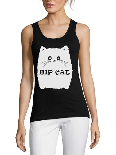 Débardeur Hip Cat en coton noir pour femme avec motif de chaton mignon