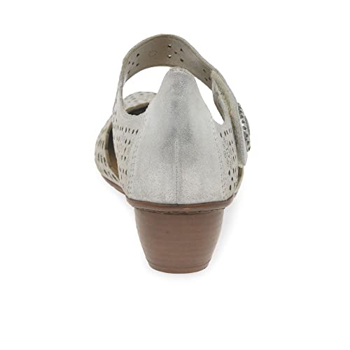 Rieker 43753 Mirjam Women's Mary Jane Heels - Low-Heel Leather Shoes with Adjustable Ankle Strap & Laser-Cut Design - Comfortable Women’s Heels for Casual & Dressy Wear Silver 5-5.5 M US3