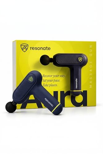 Image of Resonate Aura Percussion Massage Gun | Deep Tissue Muscle Recovery | 4 Heads, 5 Speed, 3500 RPM | Touch Sensitive | for Back, Neck & Shoulder Pain Relief | USB-C | 1 Year Warranty