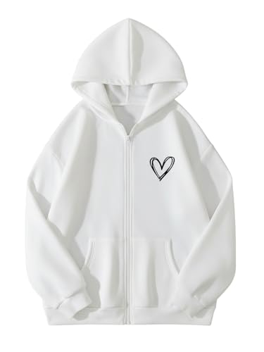Verdusa Women's Heart Print Hoodie Sweatshirt Casual Zip Up Jacket Outerwear with Pockets White Medium