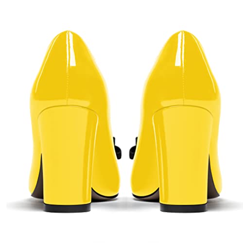 WAYDERNS Women's Patent Bow Decorated Round Toe Slip On Block High Heel Pumps Shoes 3.5 Inch4