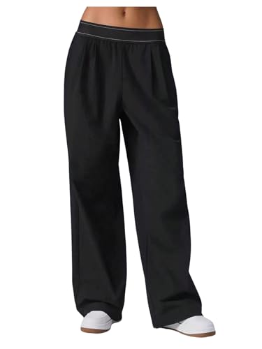 MakeMeChic Womens Wide Leg Workout Pants Quick Dry Low Waist Athletic Pants Active Wear Black Large